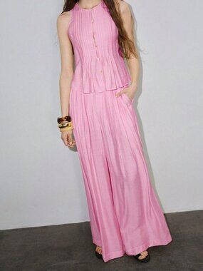 Pink Casual Women's Vacation Loose Wide Leg Long Pants